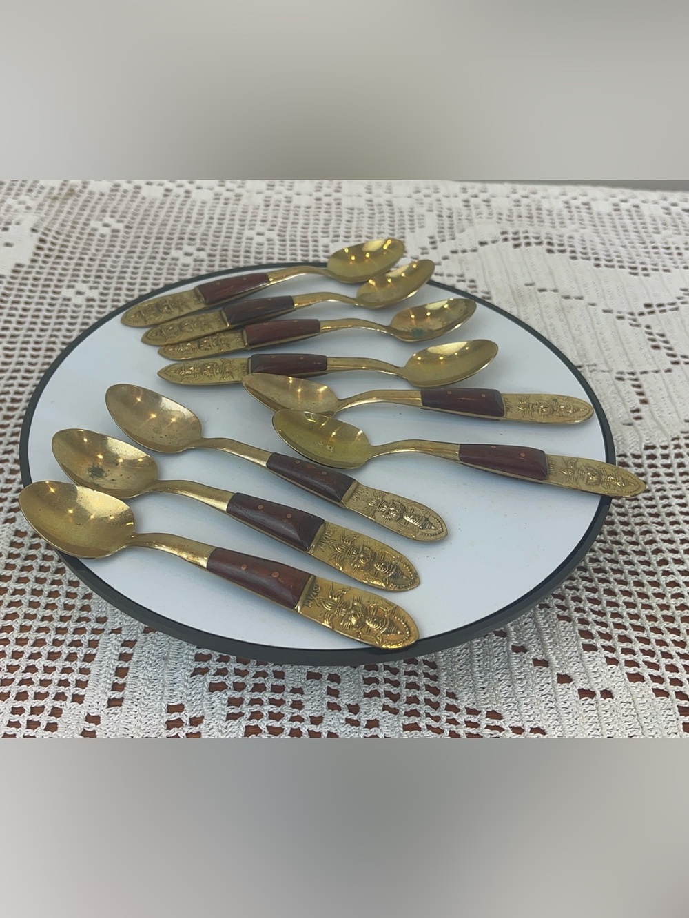 Gold-Tone and Brown Decorative Dessert Spoons - Set of 9